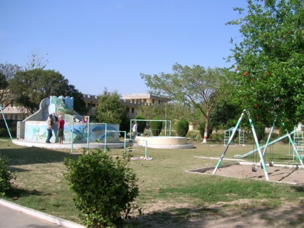 Play equipment and the pool with the turret.