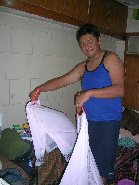 Lobsang drying my PJ's with the fan!