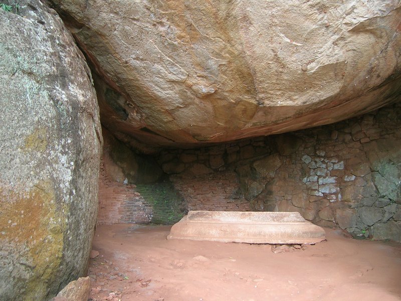 A meditation seat for the monks. The Buddhist practice of meditating on death would have been easy with the huge boulder hanging over head!