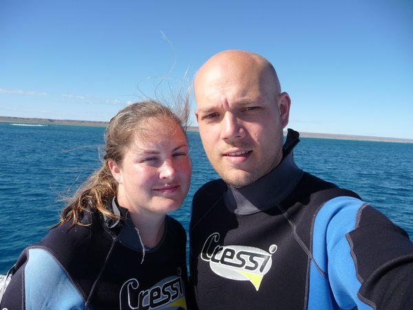 Us in our fetching wetsuits