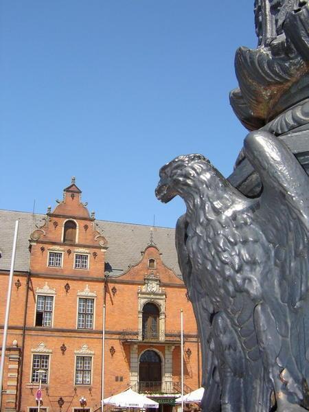 Gluckstad Town Hall (Rathaus) and eagle from the candelabra