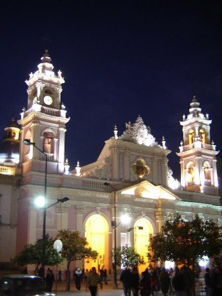 Catedral Basilica lit up at night