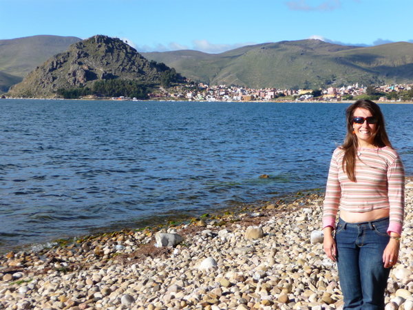 Ann on the Shore os Lake Titicaca with Copa in the background