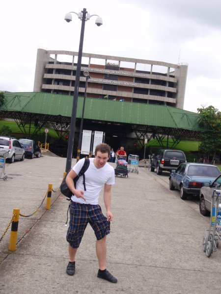 Kristian happy in shorts at Sao Paulo airport
