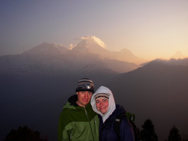 Tamar and I with Annapurna 1/ Annapurna South  at sunrise