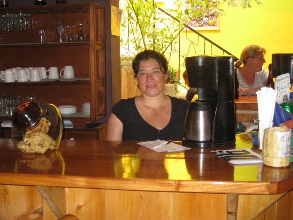 Miren, our waitress at Soloman’s Porch with Johnette in the background.  We did all our computer stuff here.