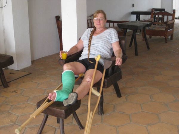 Johnette broke her right ankle and sprained her left in Gracias, Honduras.