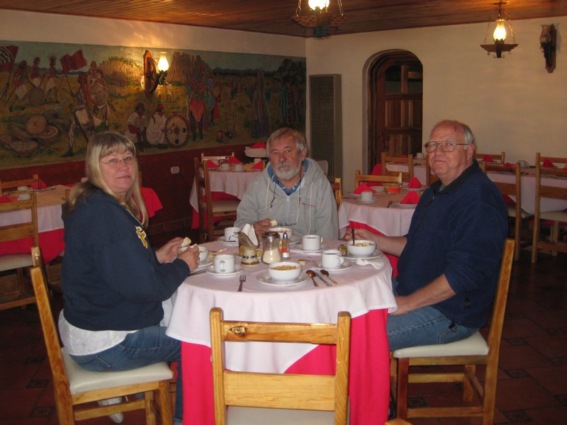 Paul, Terry and Ray enjoying breakfast.  Our $50.00 room in Creel included dinner and breakfast.