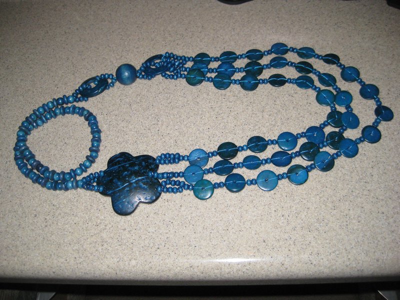 My joya (jewelry) purchase, very light weight plastic turquoise.  Think it will look great with jeans and a white pullover.