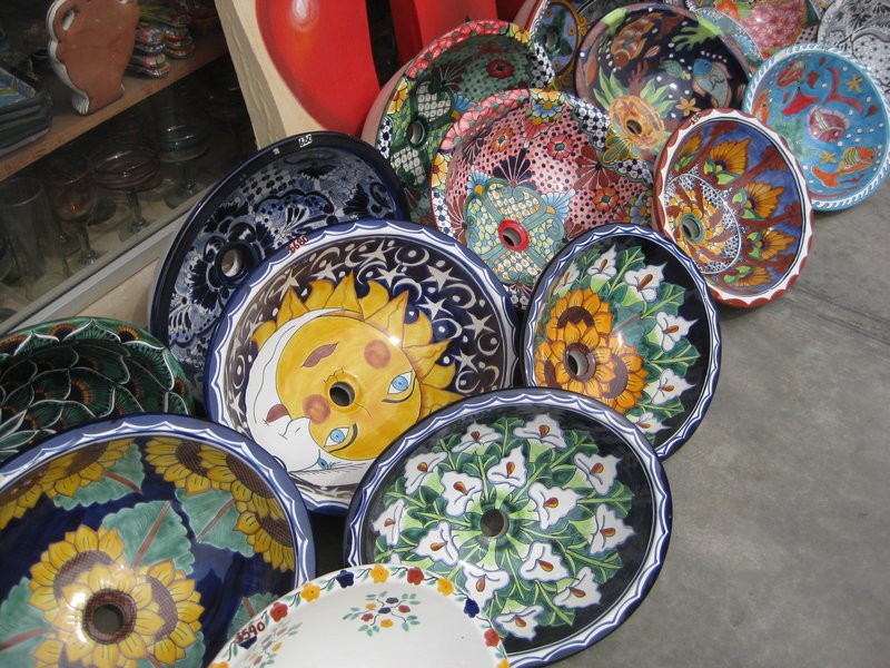 Shopping in Melaque.  Hand painted sinks.