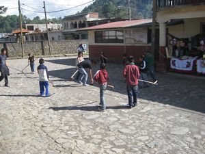 Kids playing hockey in the street.