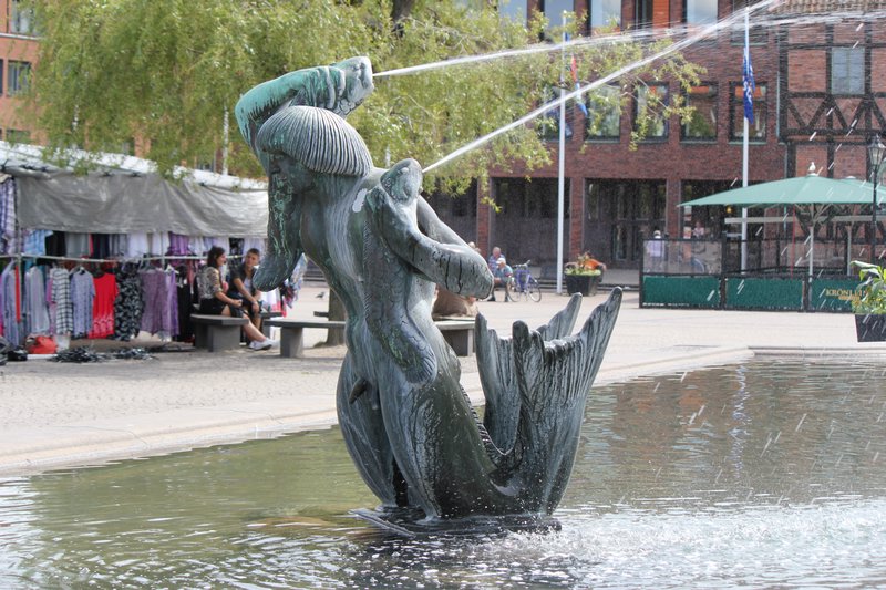 Gotta love the merman barehand salmon fishing statues in the fountain in Halmstad
