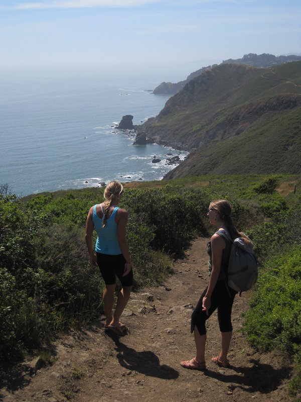 The girls hiking on the Coastal Trail in the Marin Headlands