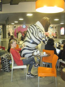 Just your typical "Horse Wearing a Zebra Jacket and Drinking Coffee" sculpture in the Brussels train station