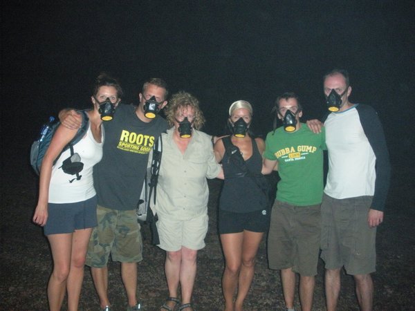 Lisa, me, Sybil, Rose, Nick, and Dan wearing the gas masks