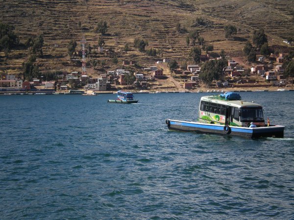 Bus ferried across Lake Titicaca