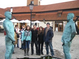 Bianca, Laura, Jordan, and I infront of Statue Pissing on Solvakia