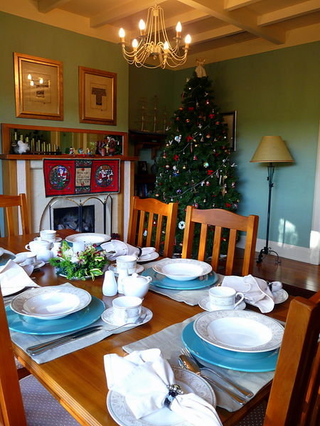 The dining room decorated for Christmas