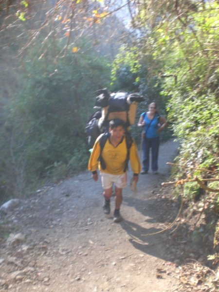 A fully loaded porter running up mountain