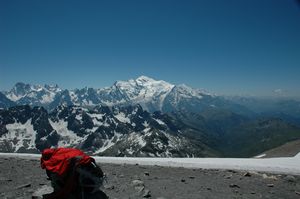 Aiguille Rouges in front and Mont Blanc massif behind