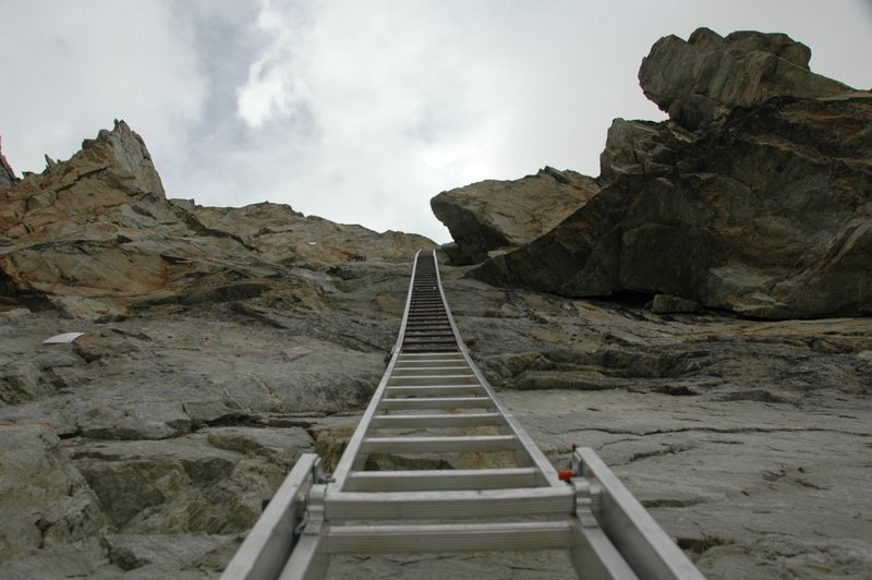 The 30 m. vertical ladders up the rock-face to Pas de Chevres