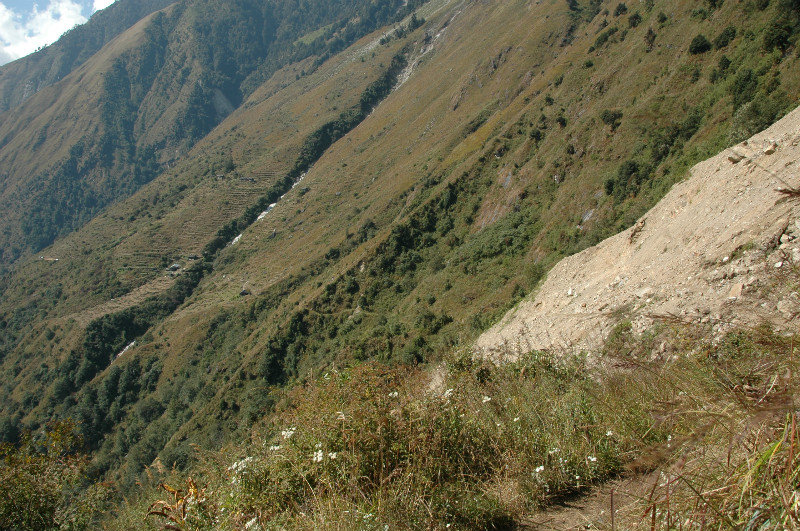 Looking down on Amjilosa and the big landslide on the way up to Gyabla