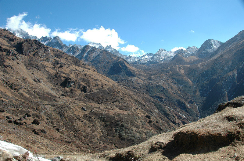 Views from Sele La towards Selele Basecamp and the slopes to Mirgin La
