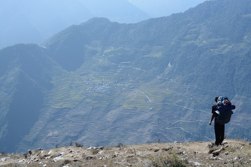 View of Goljung and the road to Rongga Bhanjyang and Syabrubesi from the edge of Nagthali