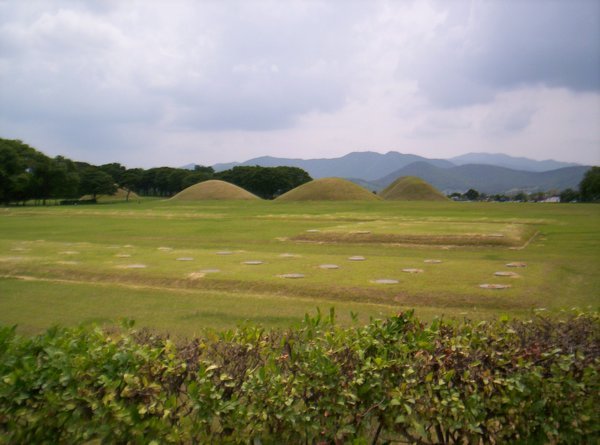 Close shot of the burial mounds. 