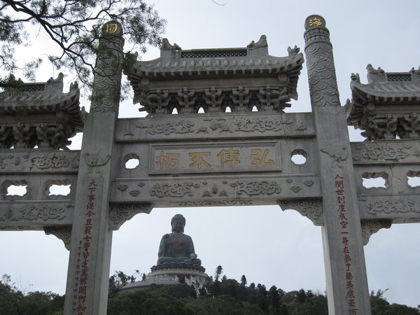Looking up at the big buddha from the Po Lin Monastery