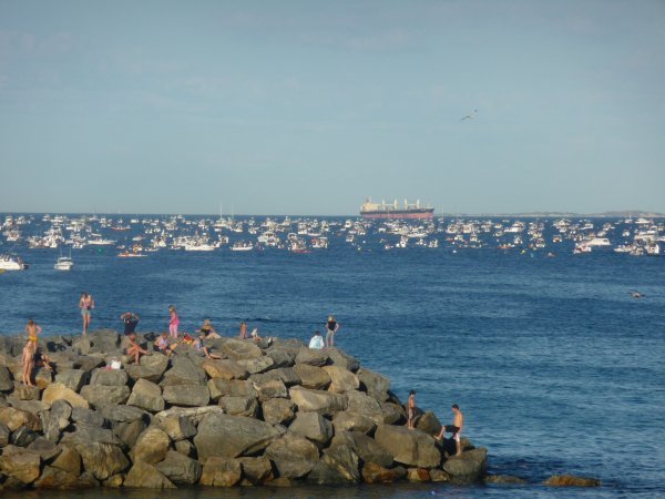 Armada of support boats and Rottnest in the background