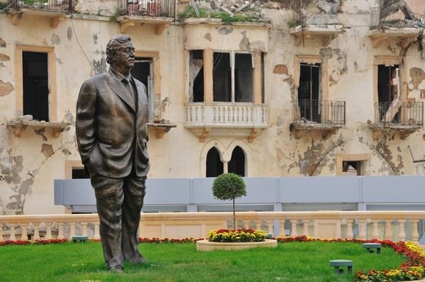 A statue of Mr Rafiq Hariri overlooks the site of his assassination - Beirut, Lebanon