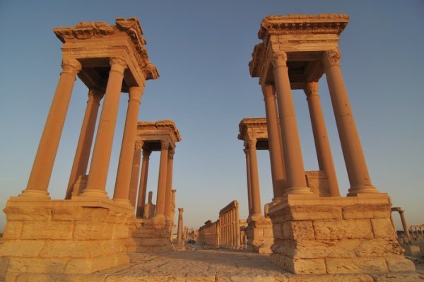 Palmyra's Tetraplyon catches the last rays of the sun