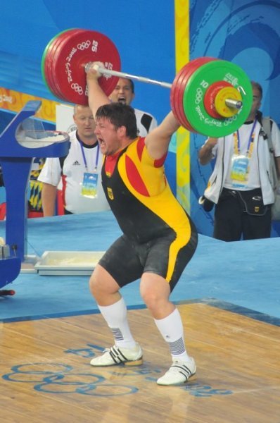 Germany's Matthias Steiner lifting his way to a gold medal