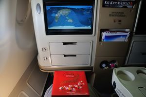 View from my seat in Business Class - with a box of Lindor chocolates I brought to keep me company.