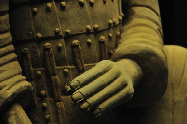 Detail of terracotta warrior within pit two - The Museum of Qin Shi Huang Terracotta Warriors and Horses, Xi'an, China