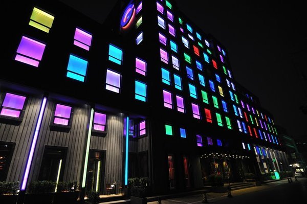 Multicoloured windows at the Hotel G - Beijing, China