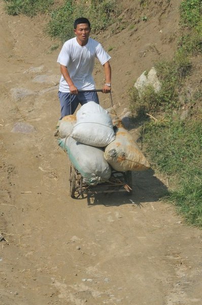 North Korean farmer negotiates a tricky decline