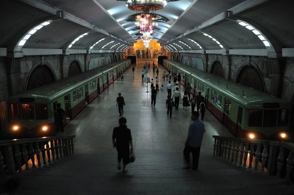 A grand looking underground station - Pyongyang, North Korea