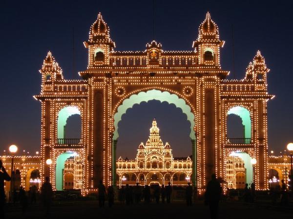 A breathtaking scene as the lights are illuminated at the Mysore Palace