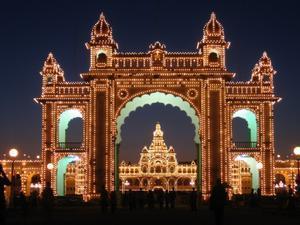 A breathtaking scene as the lights are illuminated at the Mysore Palace