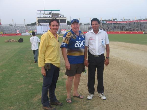 The 4th umpire - Mr Nadir Shah - gives Pete and I a tour of the pitch - Dhaka