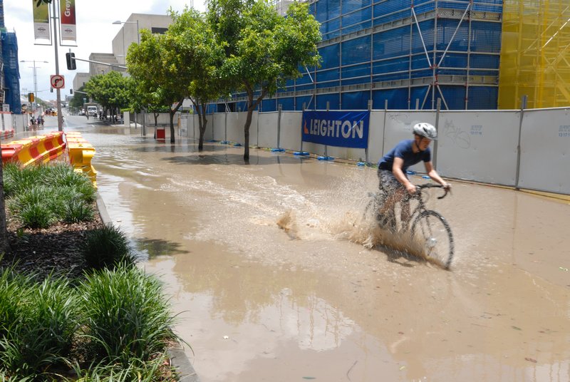 Cyclist riding through floodwaters in my street - 12 Jan - Brisbane, Australia