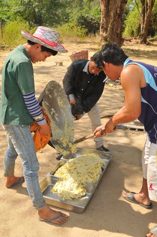 Pouring the sticky rice ball mixture - Elephant's World, Kanchanaburi, Thailand.