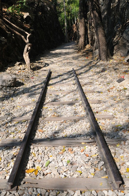 Only remanining part of railway at entrance of Konyu Cutting - Hellfire Pass Memorial, near Kanchanaburi, Thailand 