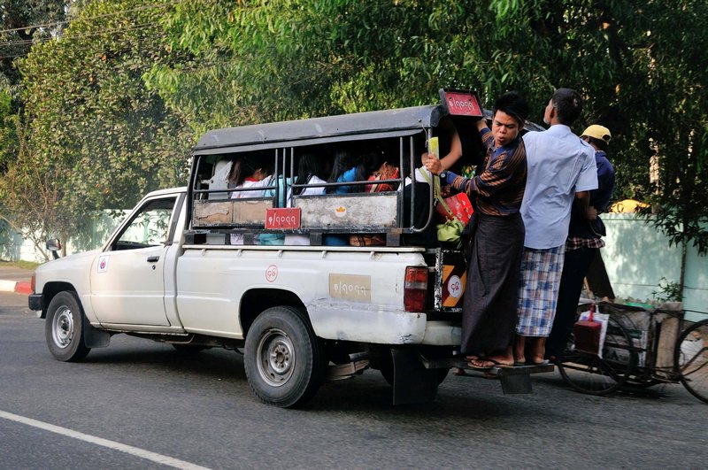 Crowded public transport in Yangon, Myanmar