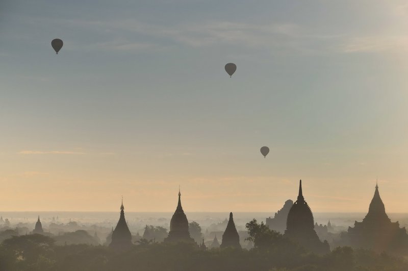 Balloons drift above Bagan - Myanmar