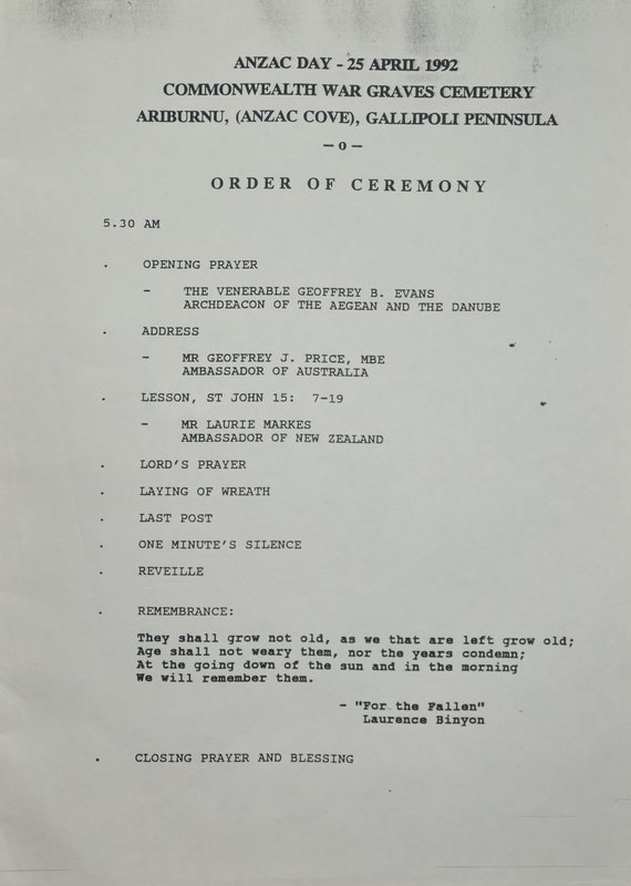 The 1992 Anzac Cove Dawn Service Order of Ceremony