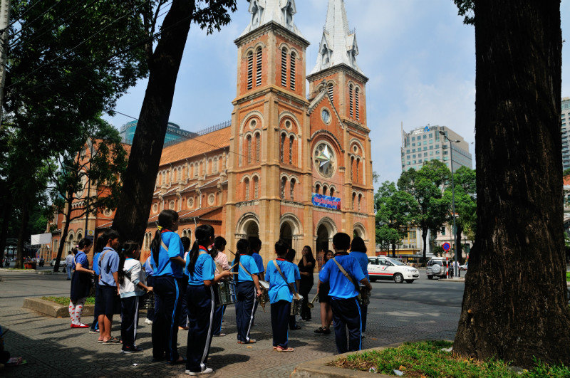 School group in front of Notre Dame Cathedral - Ho Chi Minh City, Vietnam
