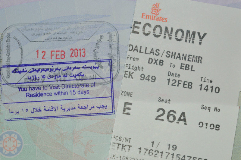 My visa on arrival and boarding pass to Iraq